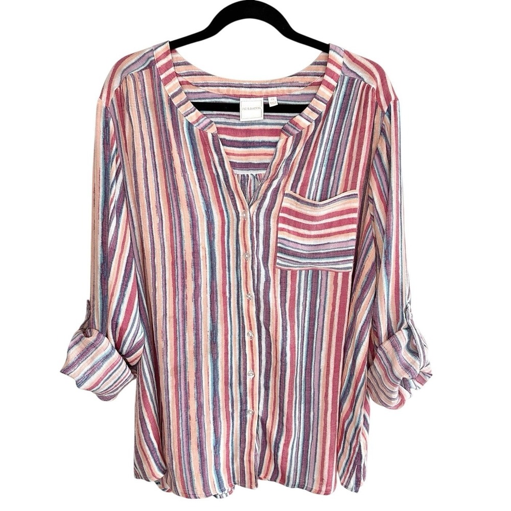 Zac & Rachel Blouse 2X Roll Tab Sleeve Button Front Breezy‎ Summer Beach Resort